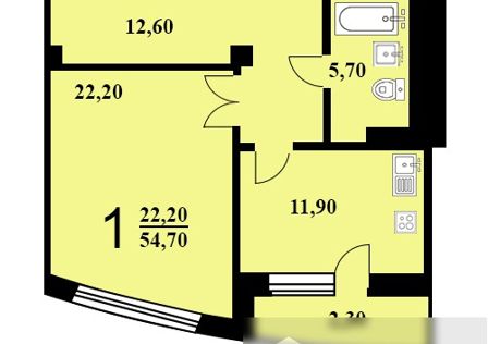 Продаётся 1-комнатная квартира, 54.7 м²